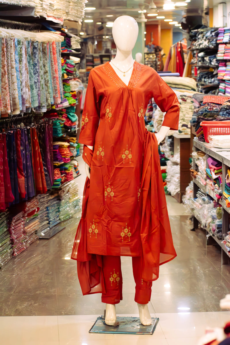 Deep Red Embroidered Churidar Set with Dupatta