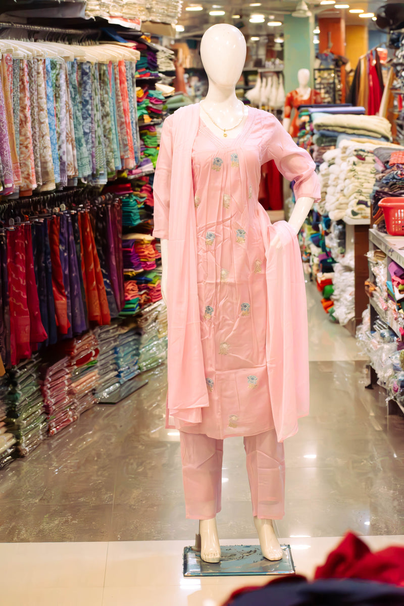 Baby Pink Embroidered Churidar Set with Dupatta